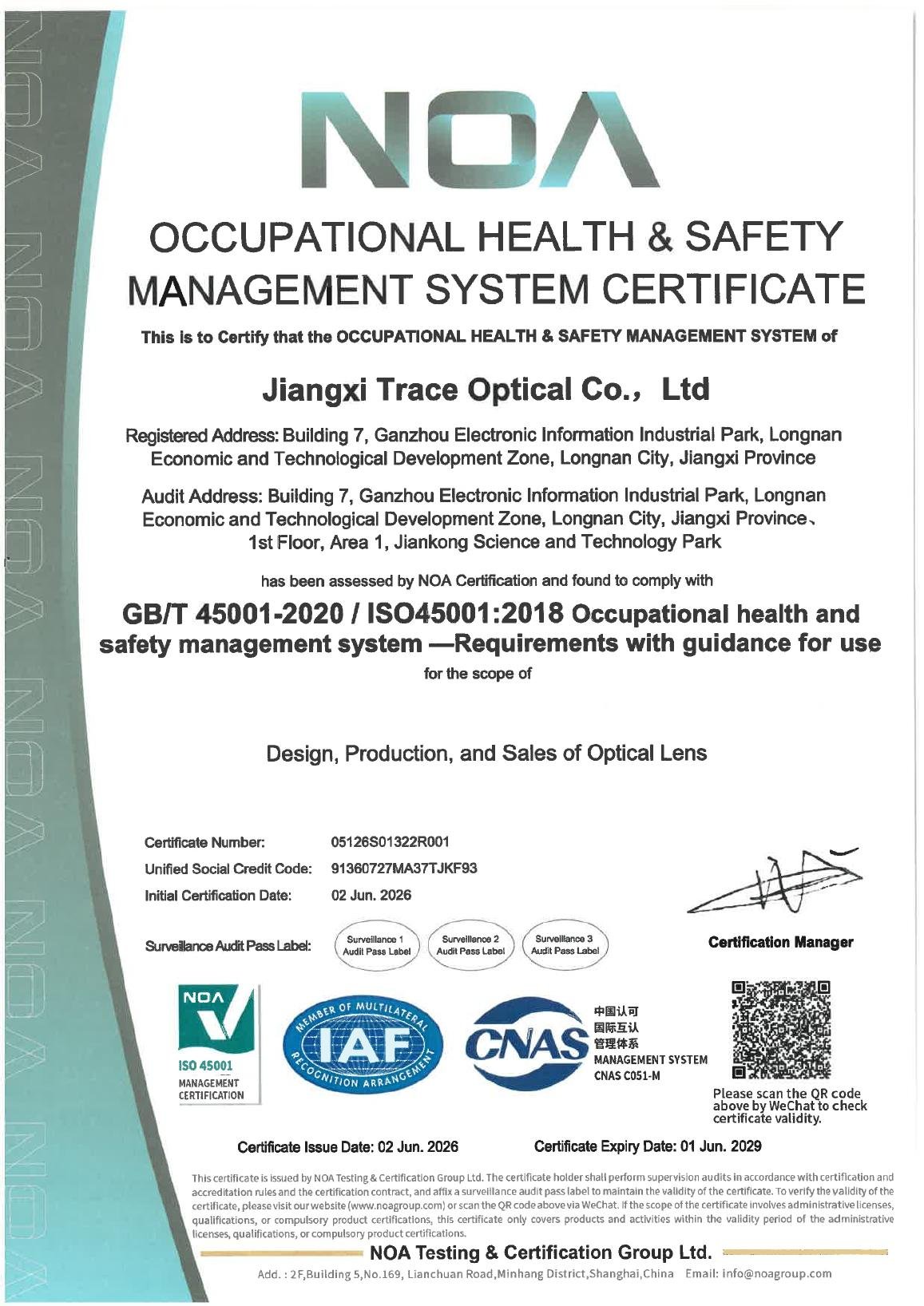 ISO 45001:2018 certificate for Jiangxi Trace Optical